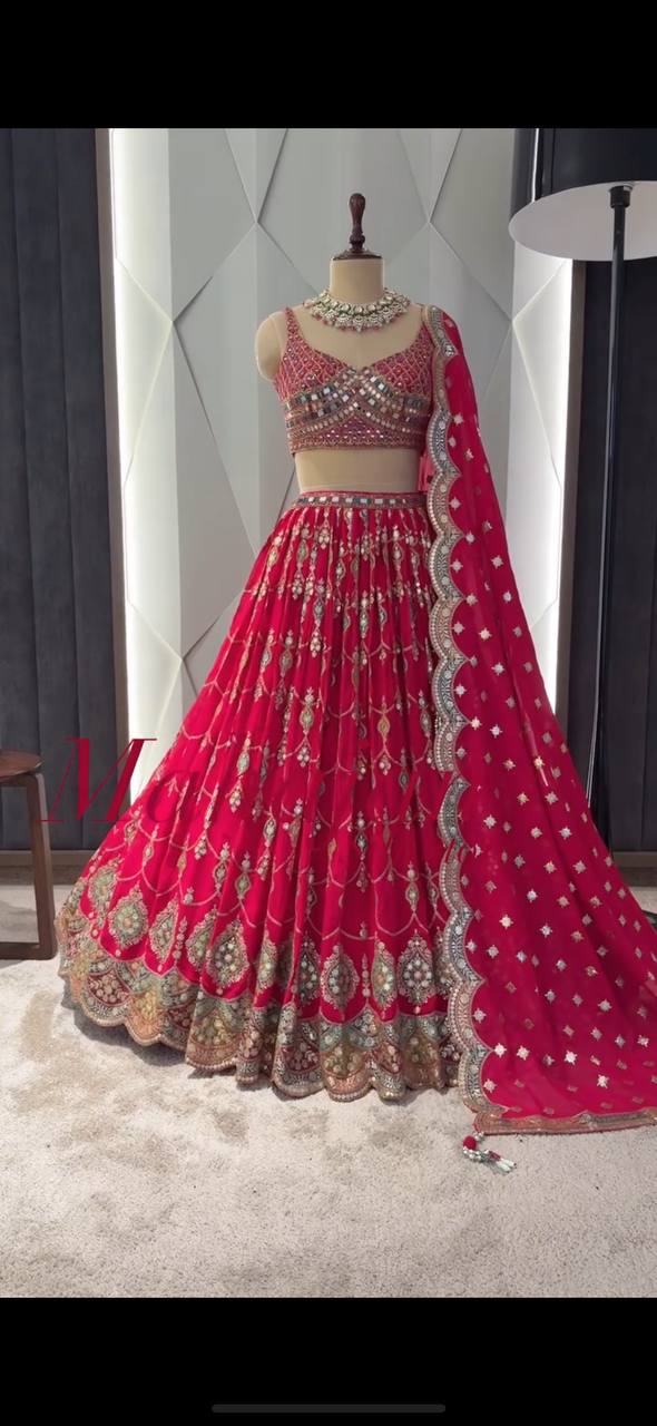 BRIDAL WEAR HEAVY FUAX GEORGETTE EMBROIDERED SEQUENCE WITH REAL MIRROR WORK LEHENGAS CHOLI