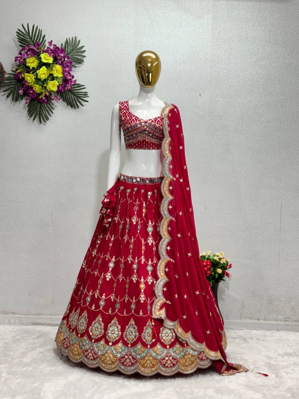 BRIDAL WEAR HEAVY FUAX GEORGETTE EMBROIDERED SEQUENCE WITH REAL MIRROR WORK LEHENGAS CHOLI