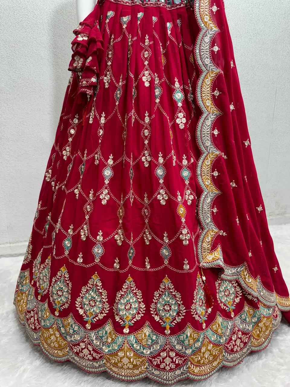 BRIDAL WEAR HEAVY FUAX GEORGETTE EMBROIDERED SEQUENCE WITH REAL MIRROR WORK LEHENGAS CHOLI