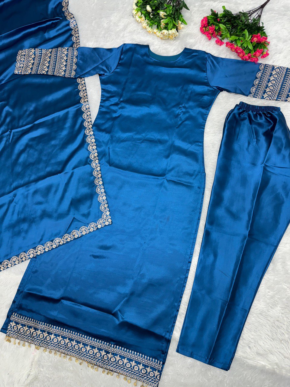 NEW DESIGNER HEAVY JAPAN SATIN EMBROIDERY WORK TOP WITH DUPATTA