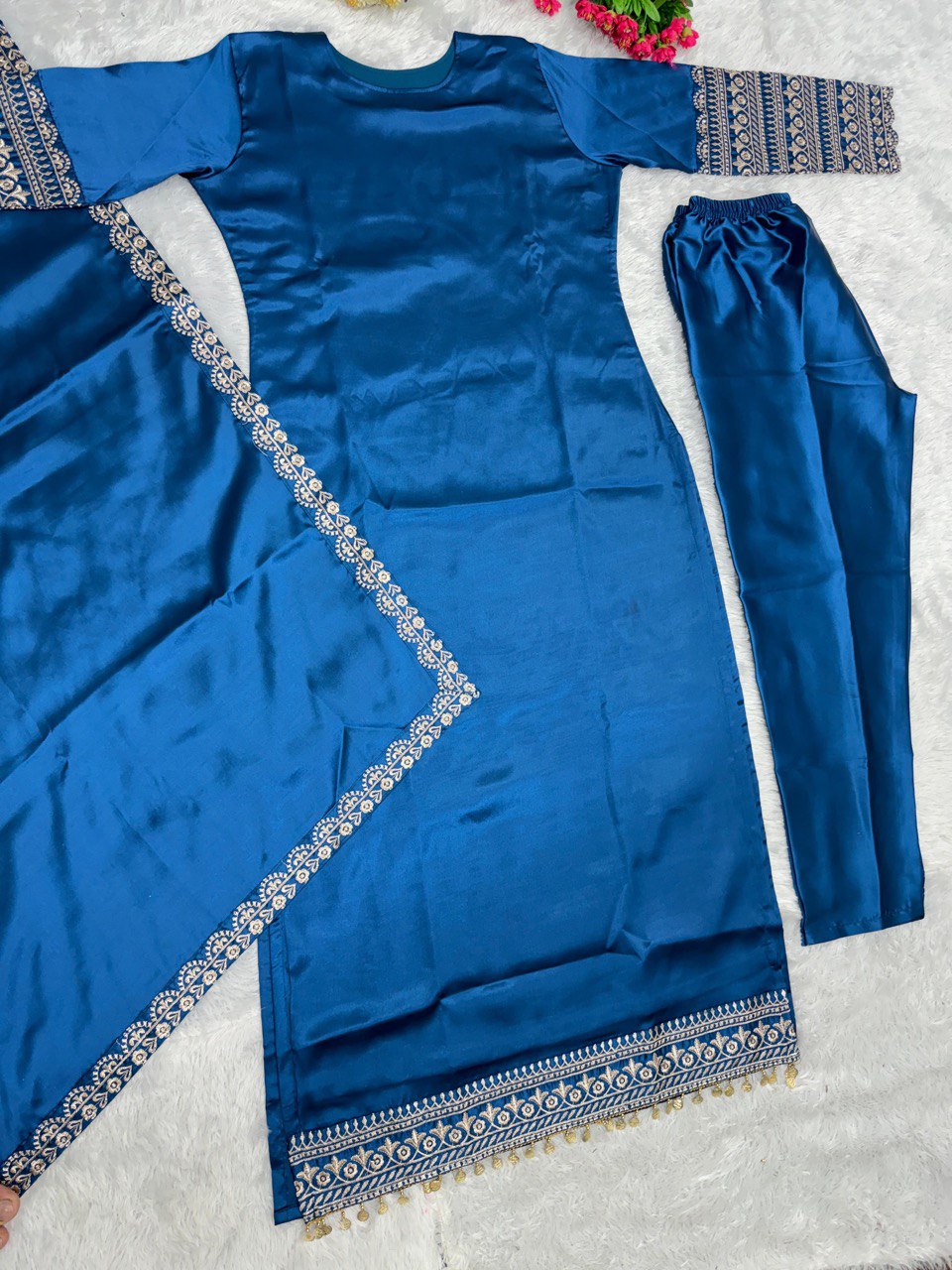 NEW DESIGNER HEAVY JAPAN SATIN EMBROIDERY WORK TOP WITH DUPATTA