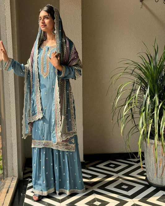 NEW DESIGNER HEAVY FUAX GEORGETTE TOP DUPATTA WITH SHARARA SUIT