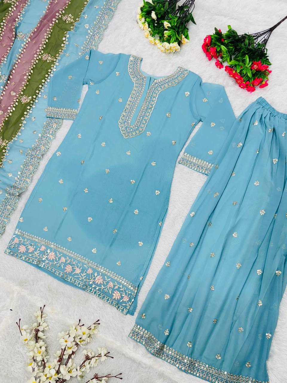 NEW DESIGNER HEAVY FUAX GEORGETTE TOP DUPATTA WITH SHARARA SUIT