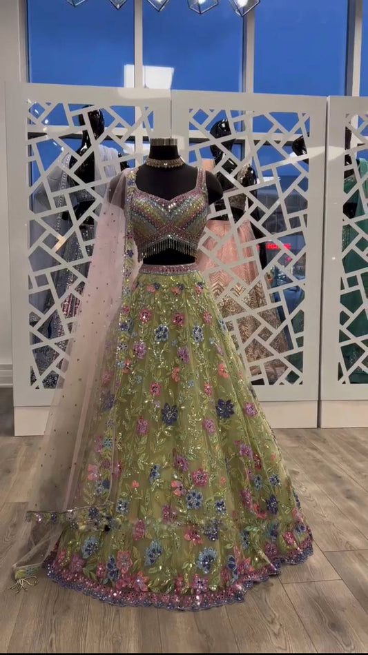 Launching 3.5 Meter Flared Embroidery Sequins Work Lehenga