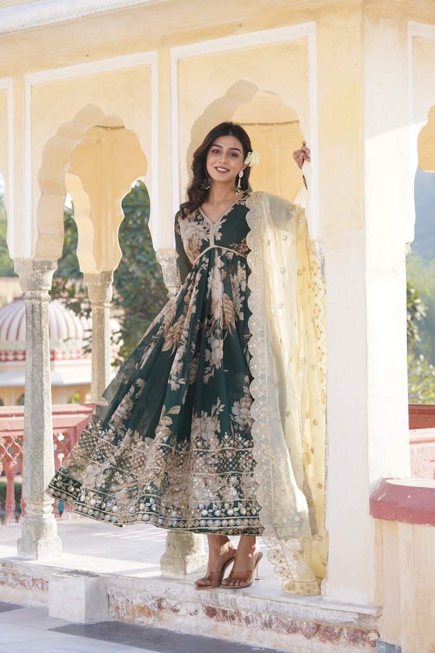 Digital printed Russian silk With Embroidery Zari Sequins-work Gown