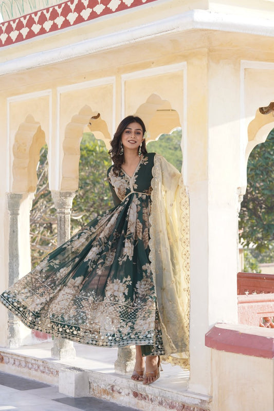 Digital printed Russian silk With Embroidery Zari Sequins-work Gown