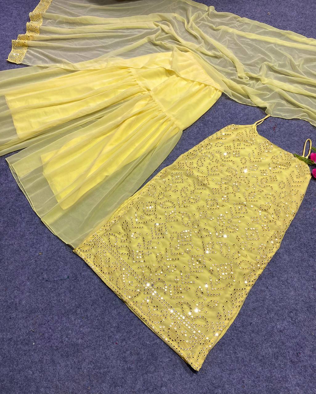 Lemon Yellow Colour Embroidered Attractive Party Wear Faux Georgette Top Plazzo