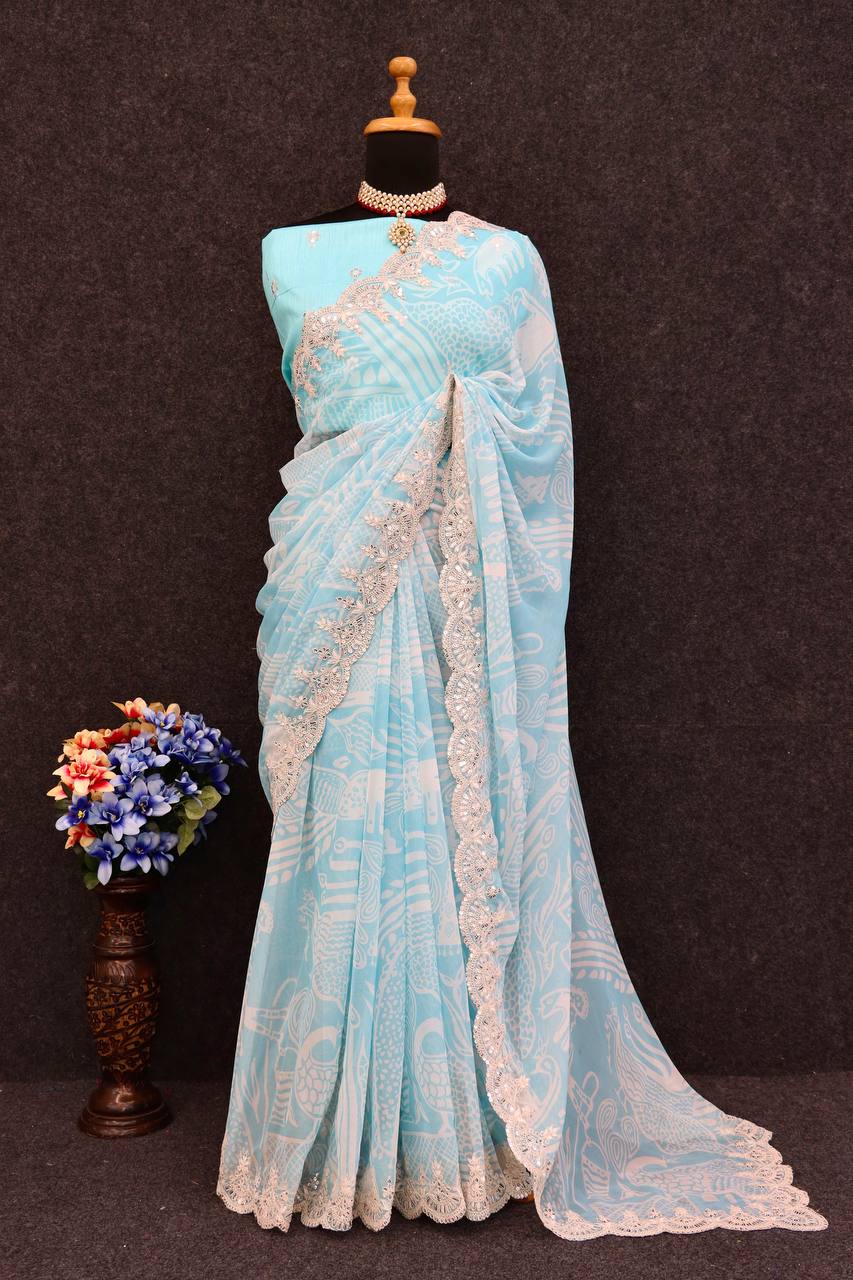 Digital Prints & Embroidery Codding & Sequins Work Saree