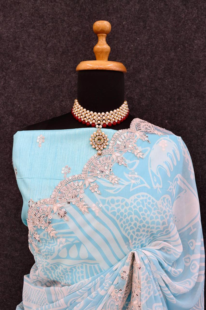 Digital Prints & Embroidery Codding & Sequins Work Saree