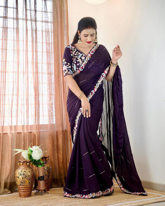 NEW TRENDING DESIGNER HEAVY EMBRODERY WORK WITH FULLY STICH BLOUSE SAREE