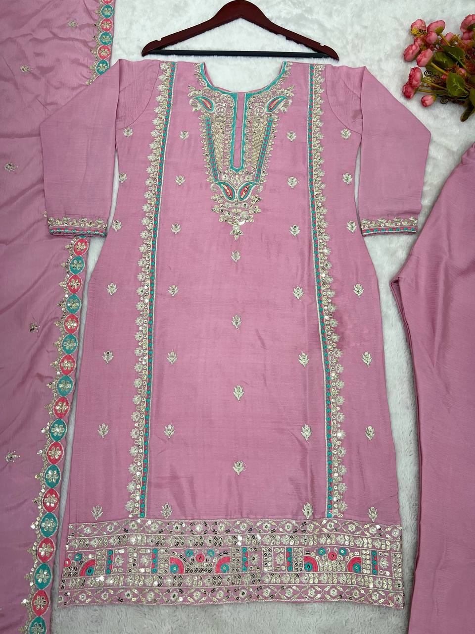 New Designer Collection In Pure Chinnon With Heavy Embroidery Sequence Work