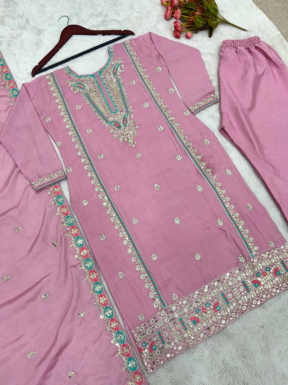 New Designer Collection In Pure Chinnon With Heavy Embroidery Sequence Work