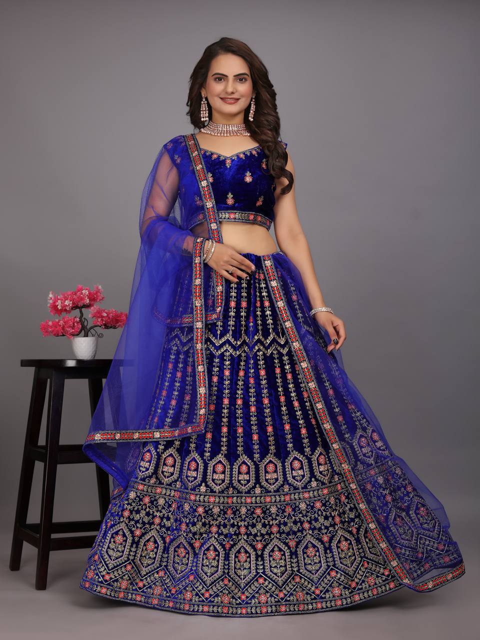 Navy Blue Colour Embroidered Attractive Party Wear Velvet Lehenga choli