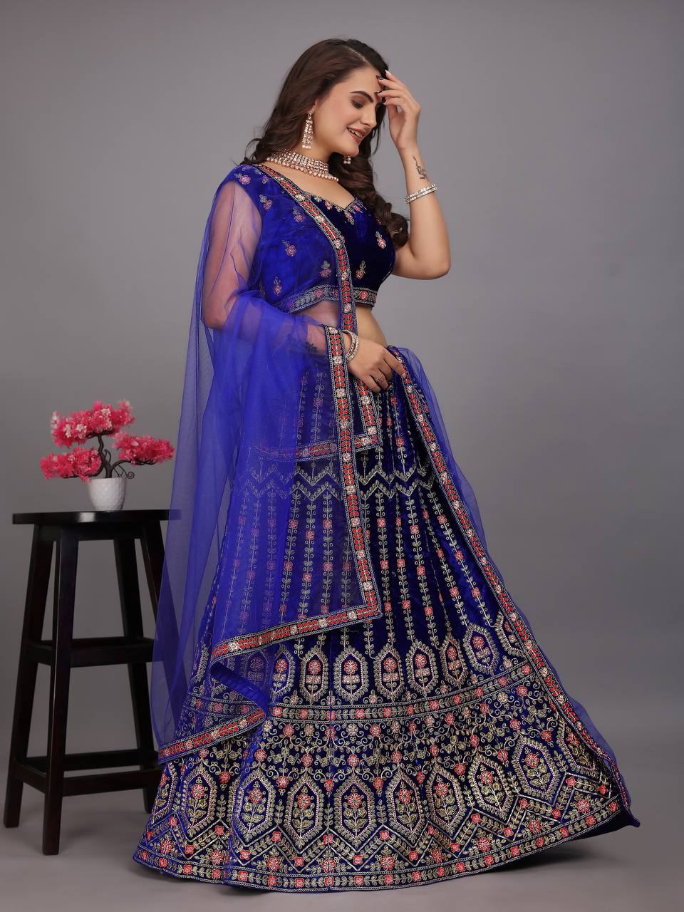 Navy Blue Colour Embroidered Attractive Party Wear Velvet Lehenga choli