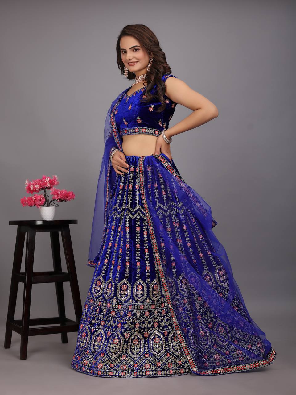 Navy Blue Colour Embroidered Attractive Party Wear Velvet Lehenga choli