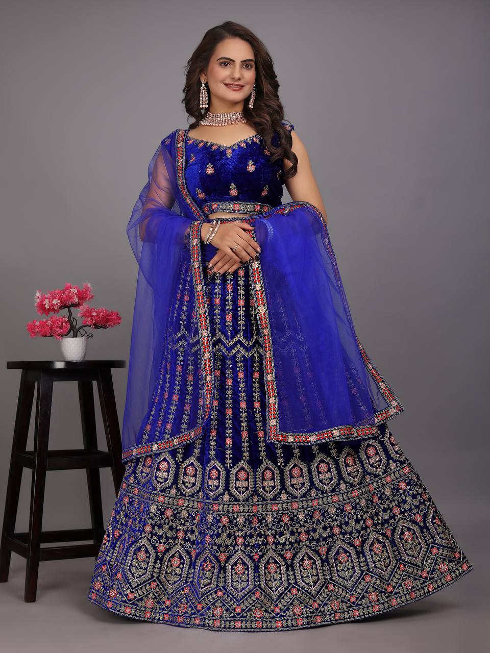 Navy Blue Colour Embroidered Attractive Party Wear Velvet Lehenga choli