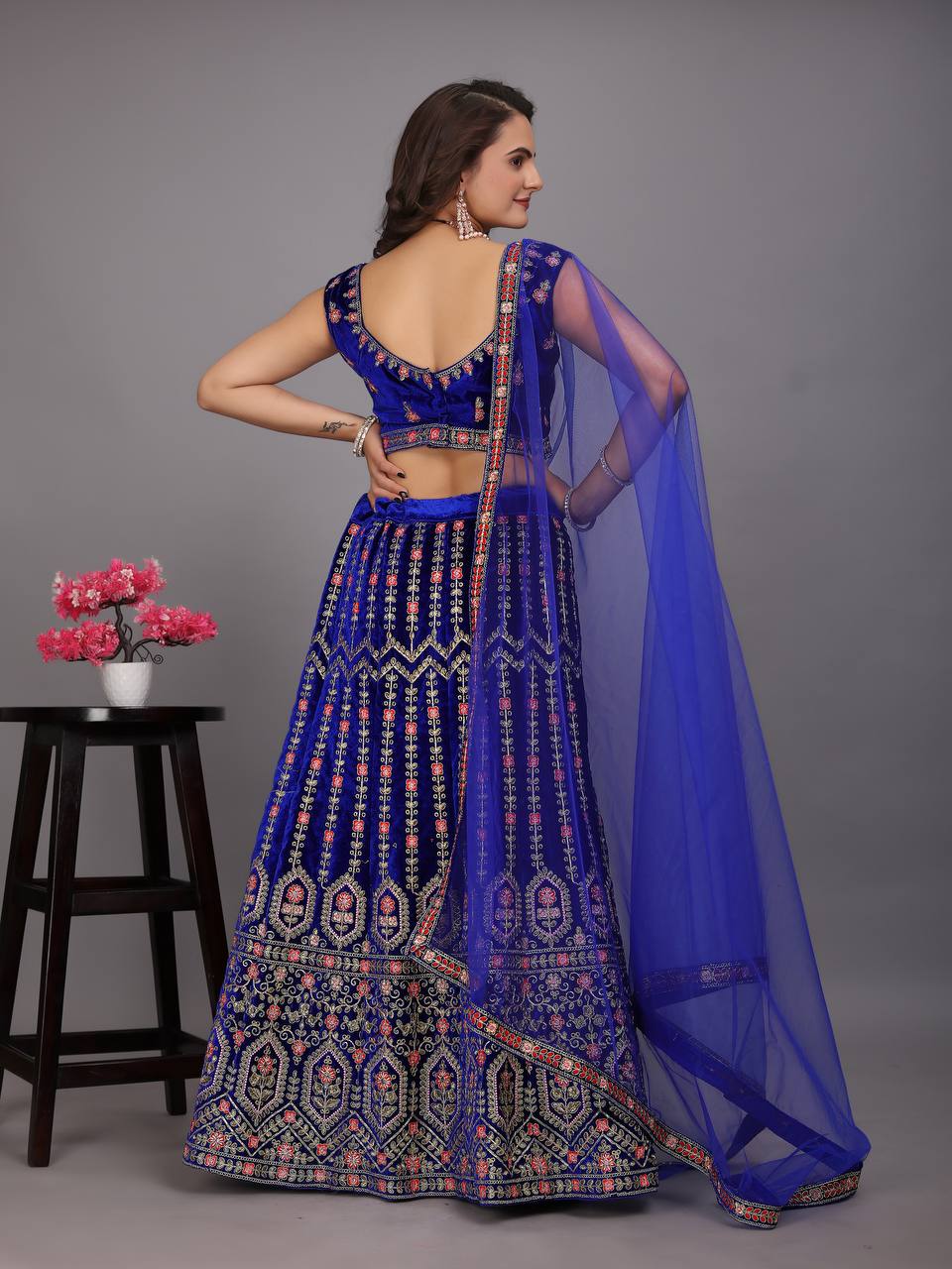 Navy Blue Colour Embroidered Attractive Party Wear Velvet Lehenga choli