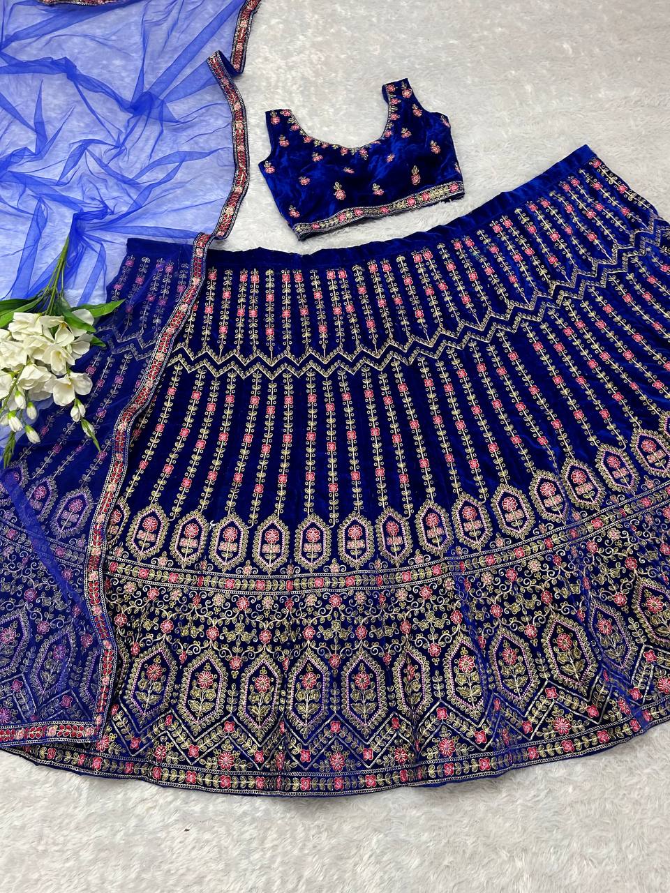 Navy Blue Colour Embroidered Attractive Party Wear Velvet Lehenga choli