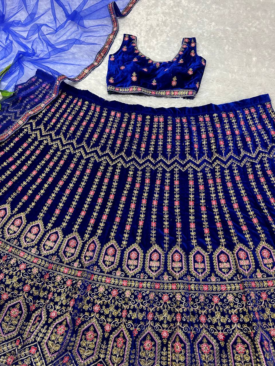 Navy Blue Colour Embroidered Attractive Party Wear Velvet Lehenga choli