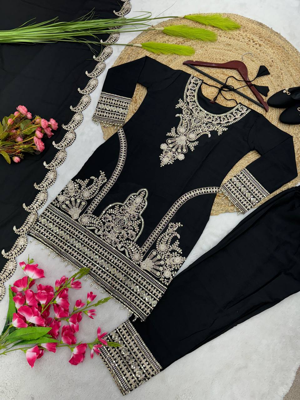 New Designer Collection In Pure Chinnon With Heavy Embroidery Sequence Work