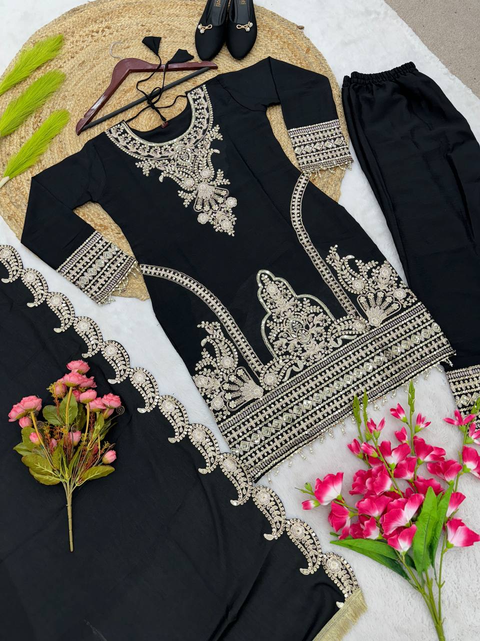 New Designer Collection In Pure Chinnon With Heavy Embroidery Sequence Work