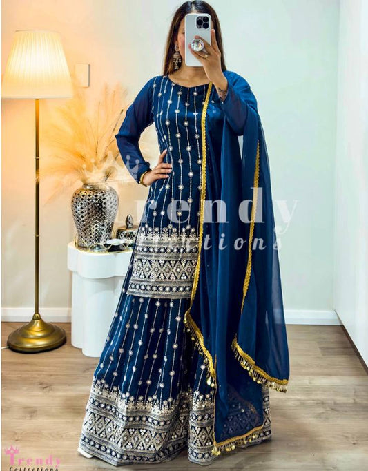 ĐĚSIGNER PARTY WEAR KURTI AND SARARA WITH FANCY DUPPATA WITH HAVY EMBROIDERY WORK