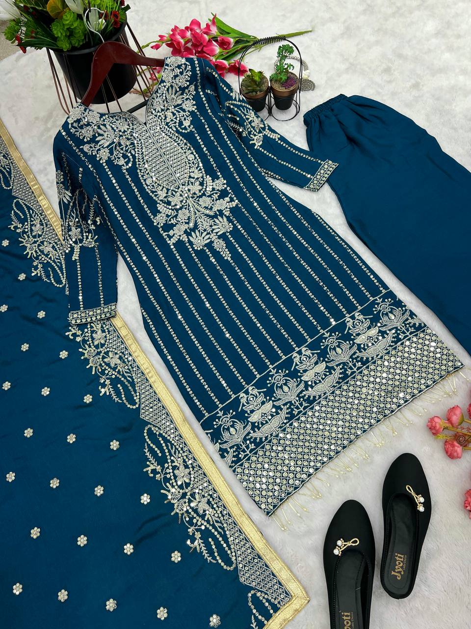 New Designer Collection In Pure Chinnon With Heavy Embroidery Sequence Work