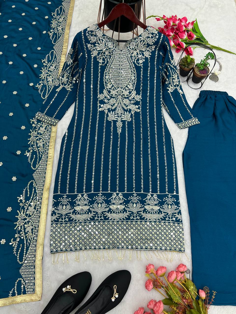 New Designer Collection In Pure Chinnon With Heavy Embroidery Sequence Work