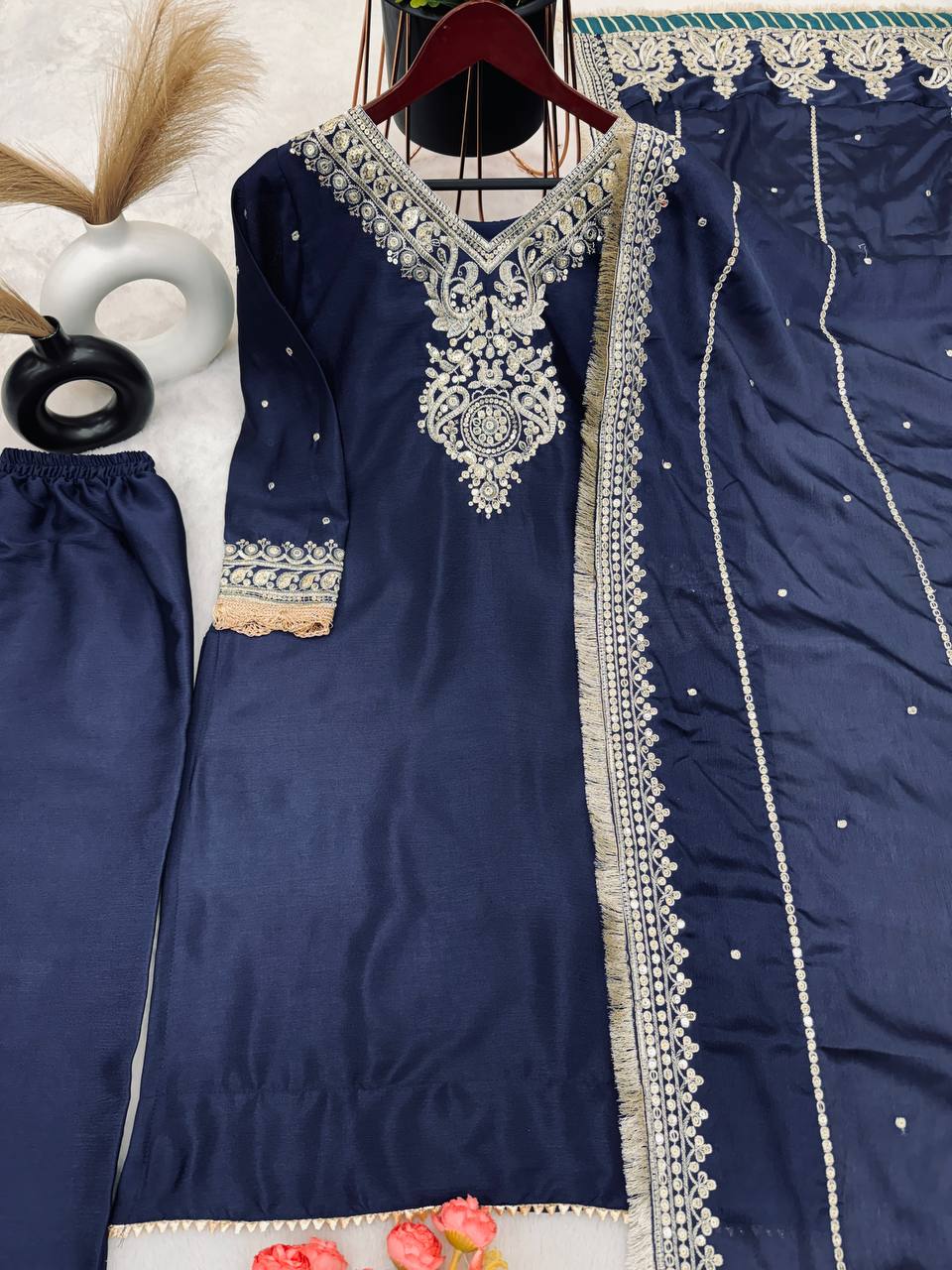 New Designer Collection In Pure Chinnon With Heavy Embroidery Sequence Work