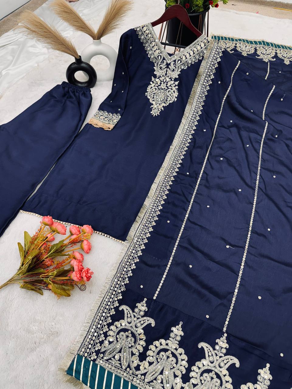 New Designer Collection In Pure Chinnon With Heavy Embroidery Sequence Work