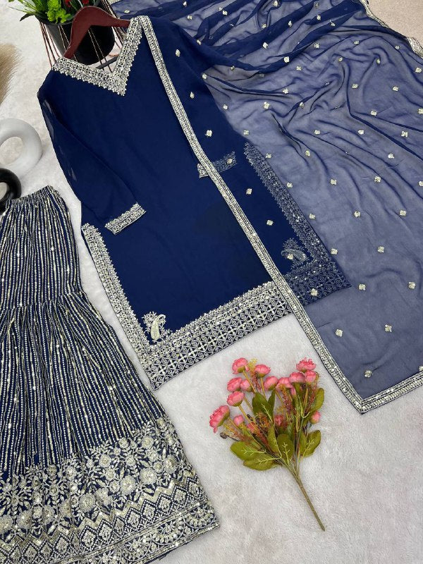 New Heavy Embroidery Sequence Work Top-Gharara And Dupatta Set