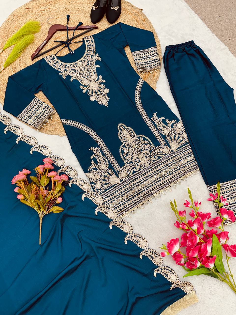 New Designer Collection In Pure Chinnon With Heavy Embroidery Sequence Work