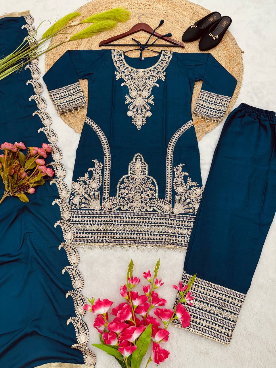 New Designer Collection In Pure Chinnon With Heavy Embroidery Sequence Work