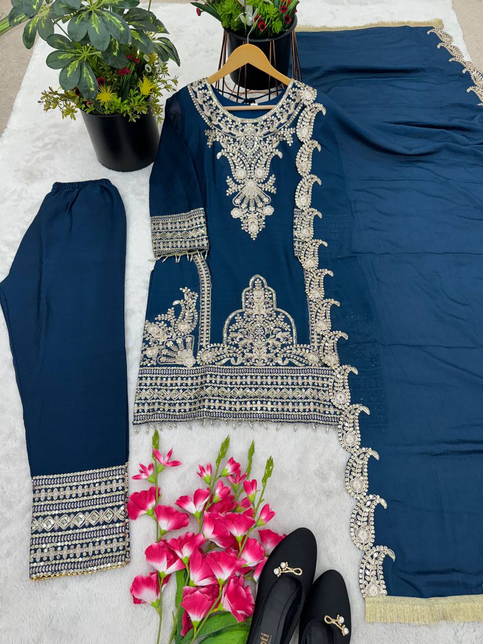 New Designer Collection In Pure Chinnon With Heavy Embroidery Sequence Work