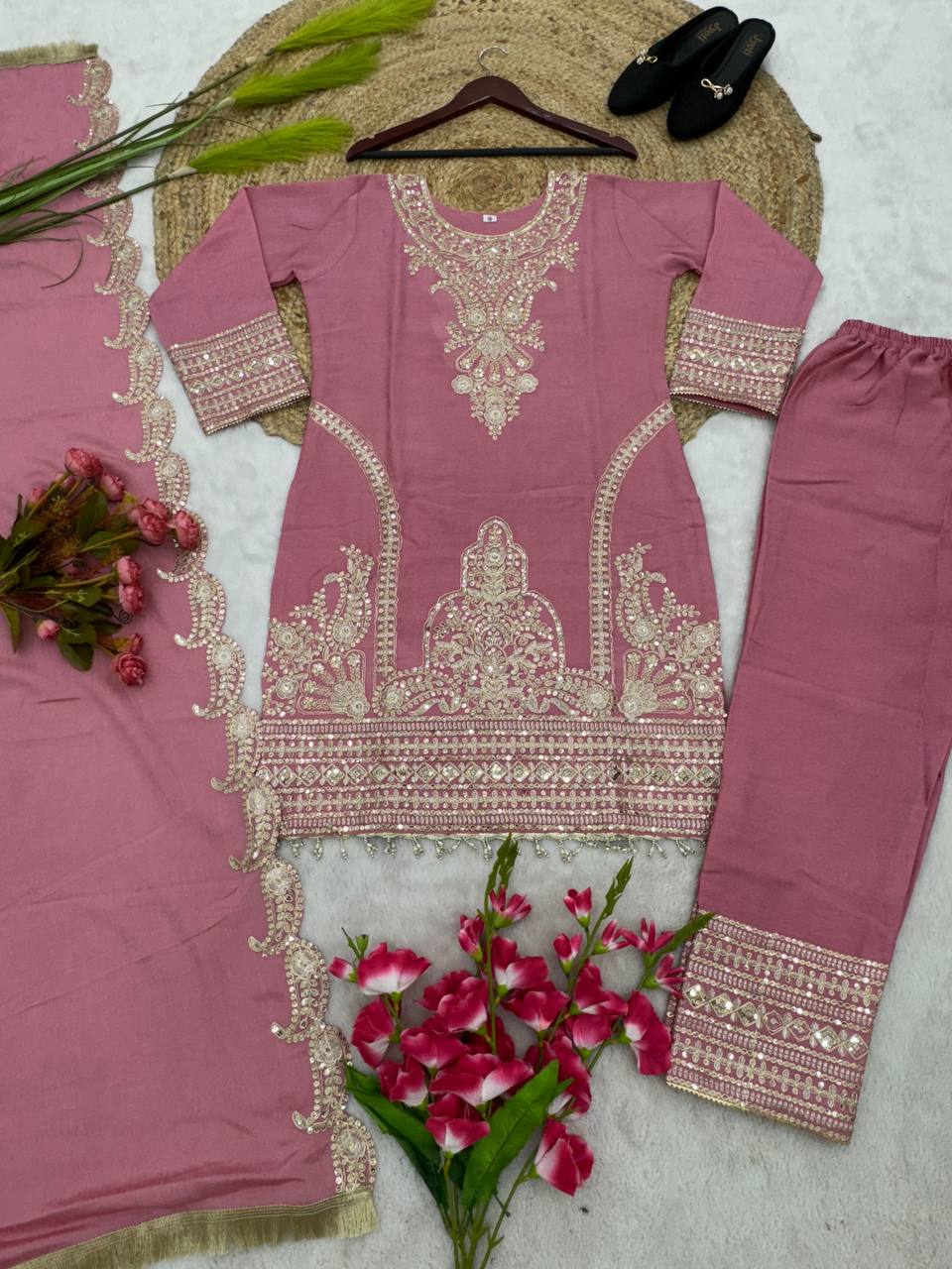 New Designer Collection In Pure Chinnon With Heavy Embroidery Sequence Work