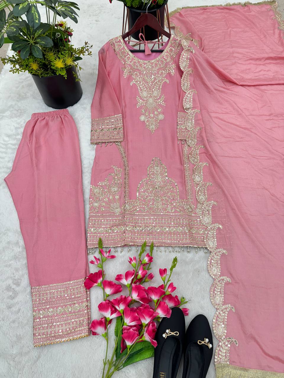 New Designer Collection In Pure Chinnon With Heavy Embroidery Sequence Work