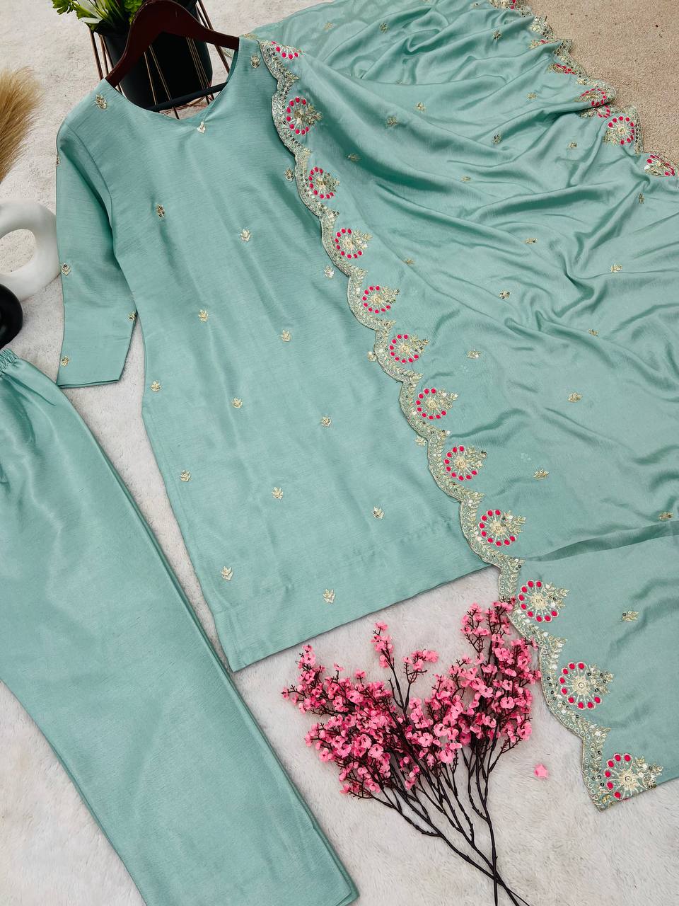 Pure Chinnon Silk With Embroidery Sequence Work