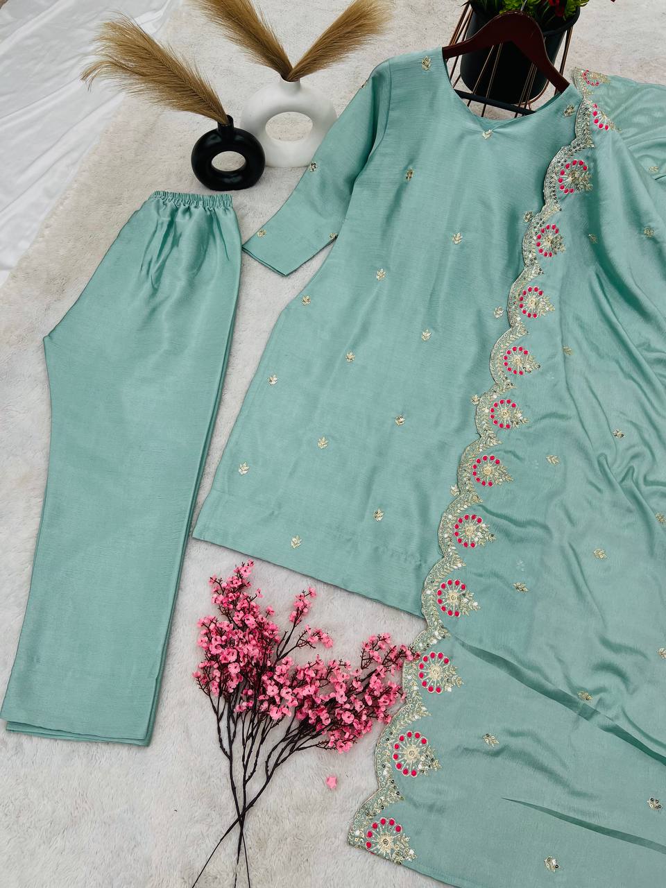 Pure Chinnon Silk With Embroidery Sequence Work