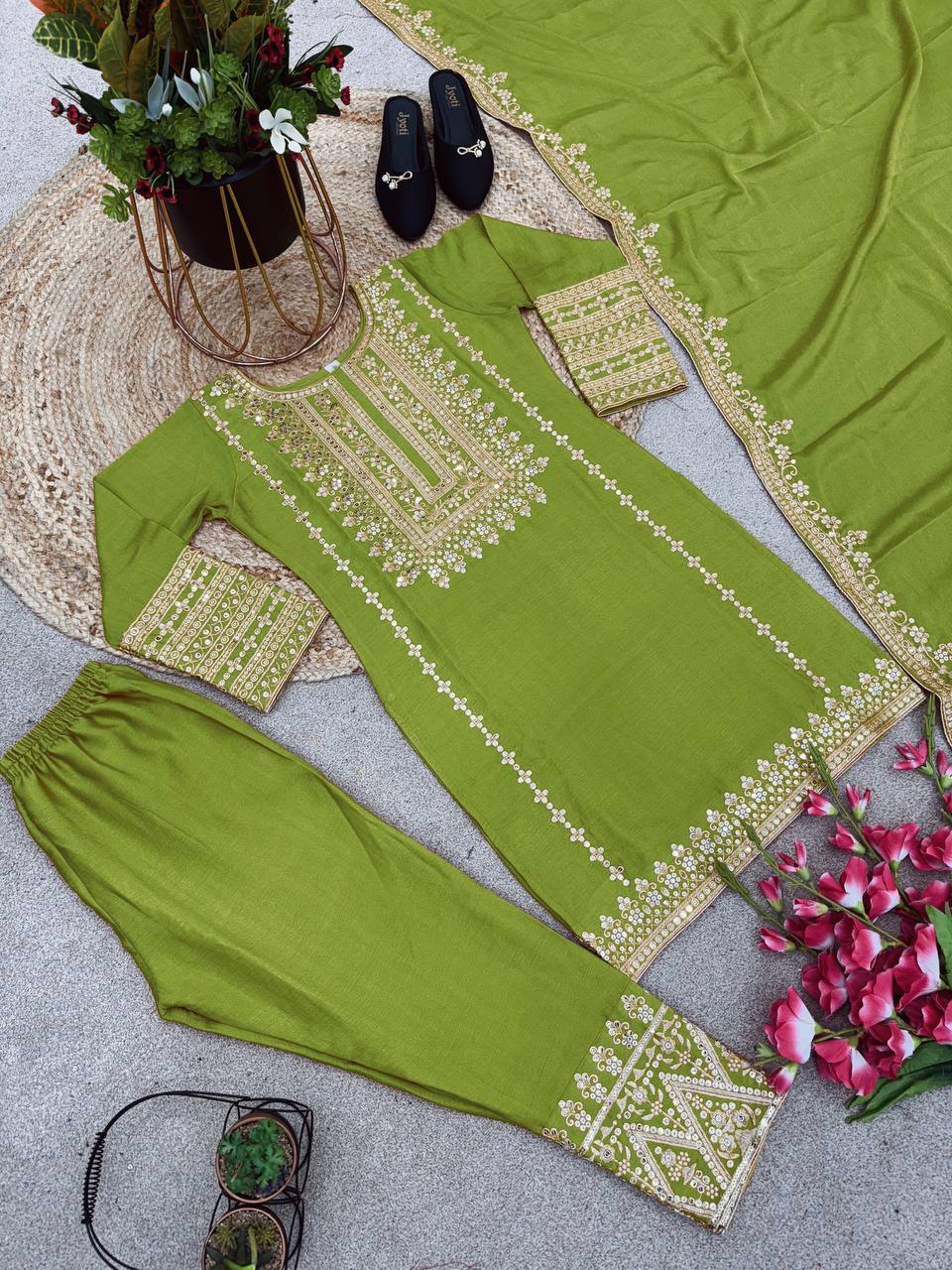 New Designer Collection In Pure Chinnon With Heavy Embroidery Sequence Work