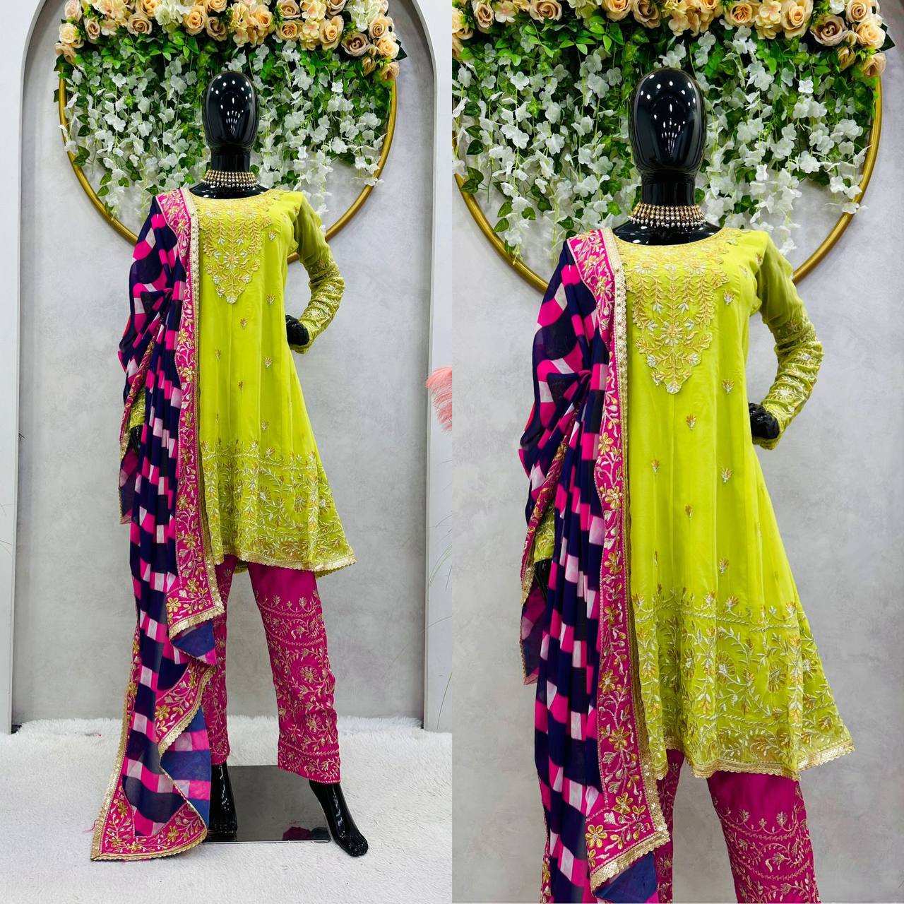 Looking for this same colour beautiful Designer Suit on Faux Georgette Febric