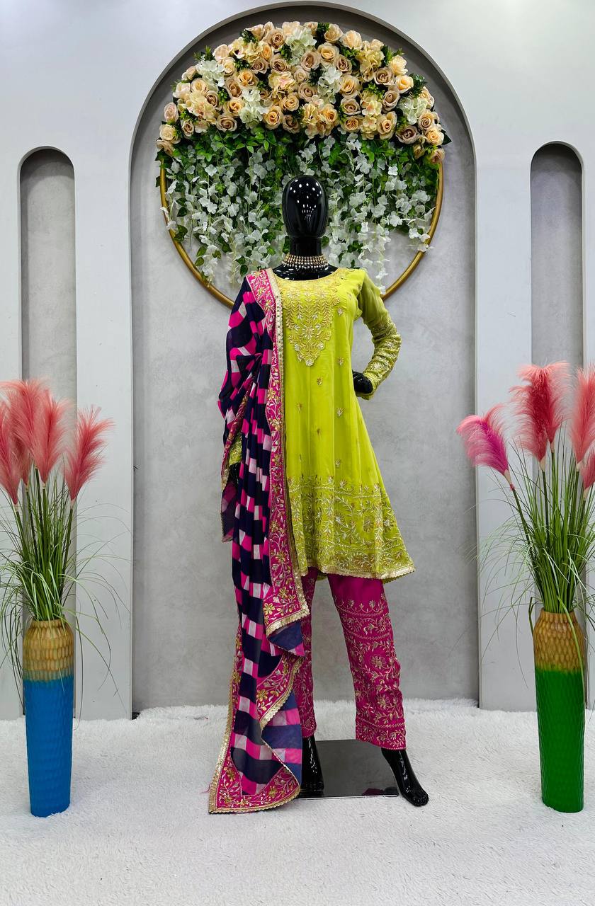 Looking for this same colour beautiful Designer Suit on Faux Georgette Febric