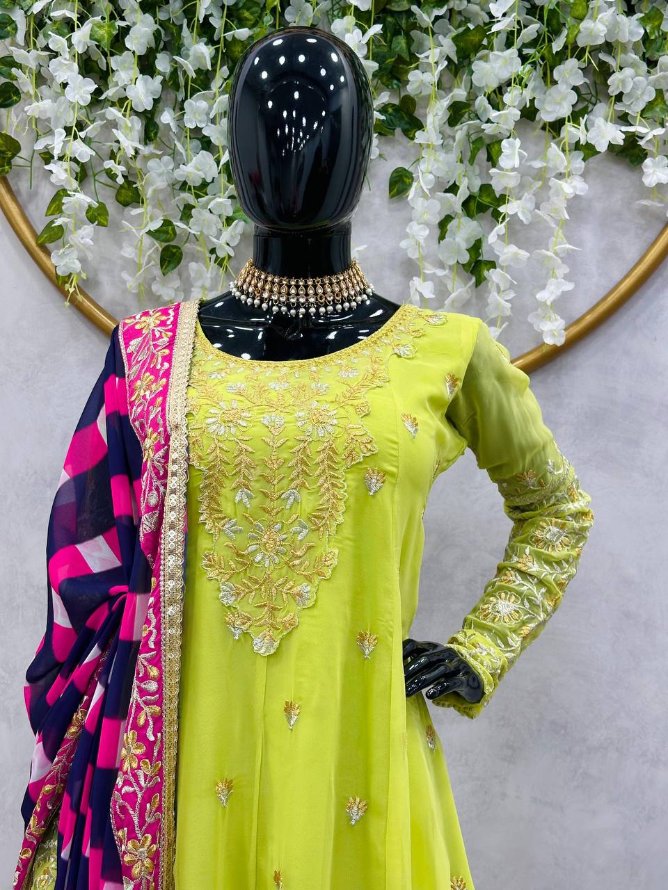 Looking for this same colour beautiful Designer Suit on Faux Georgette Febric