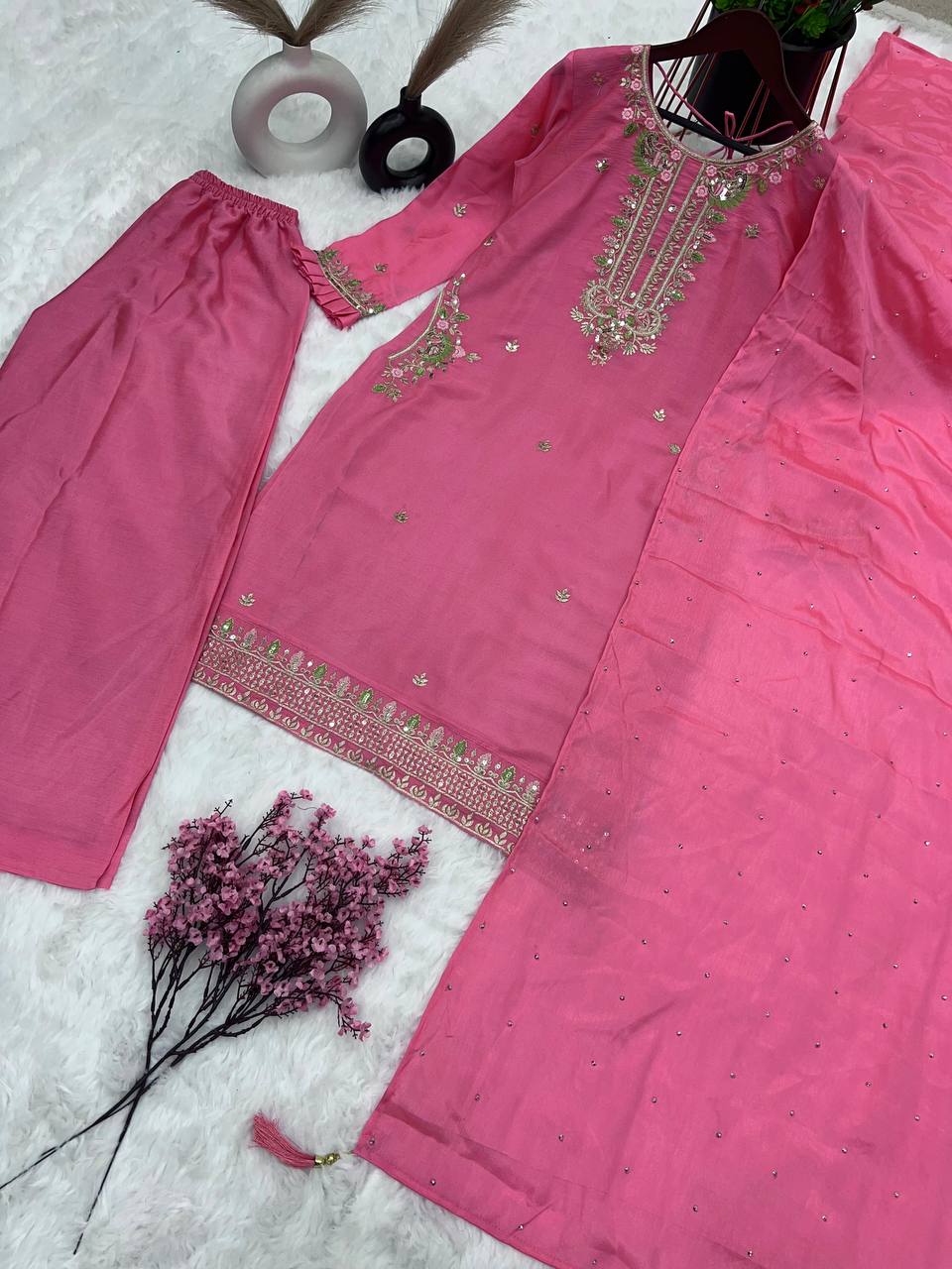 New Designer Collection In Pure Chinnon With Heavy Embroidery Sequence Work