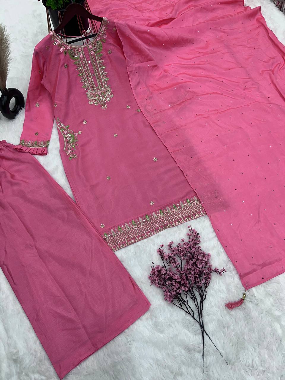 New Designer Collection In Pure Chinnon With Heavy Embroidery Sequence Work