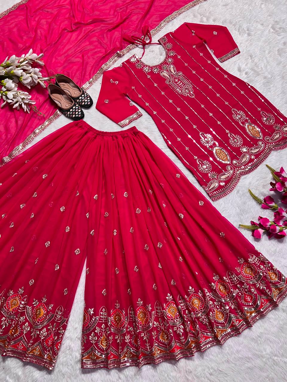 New Designer Party Wear Look Top-Plazzo and Dupatta With Heavy Embroidery Work