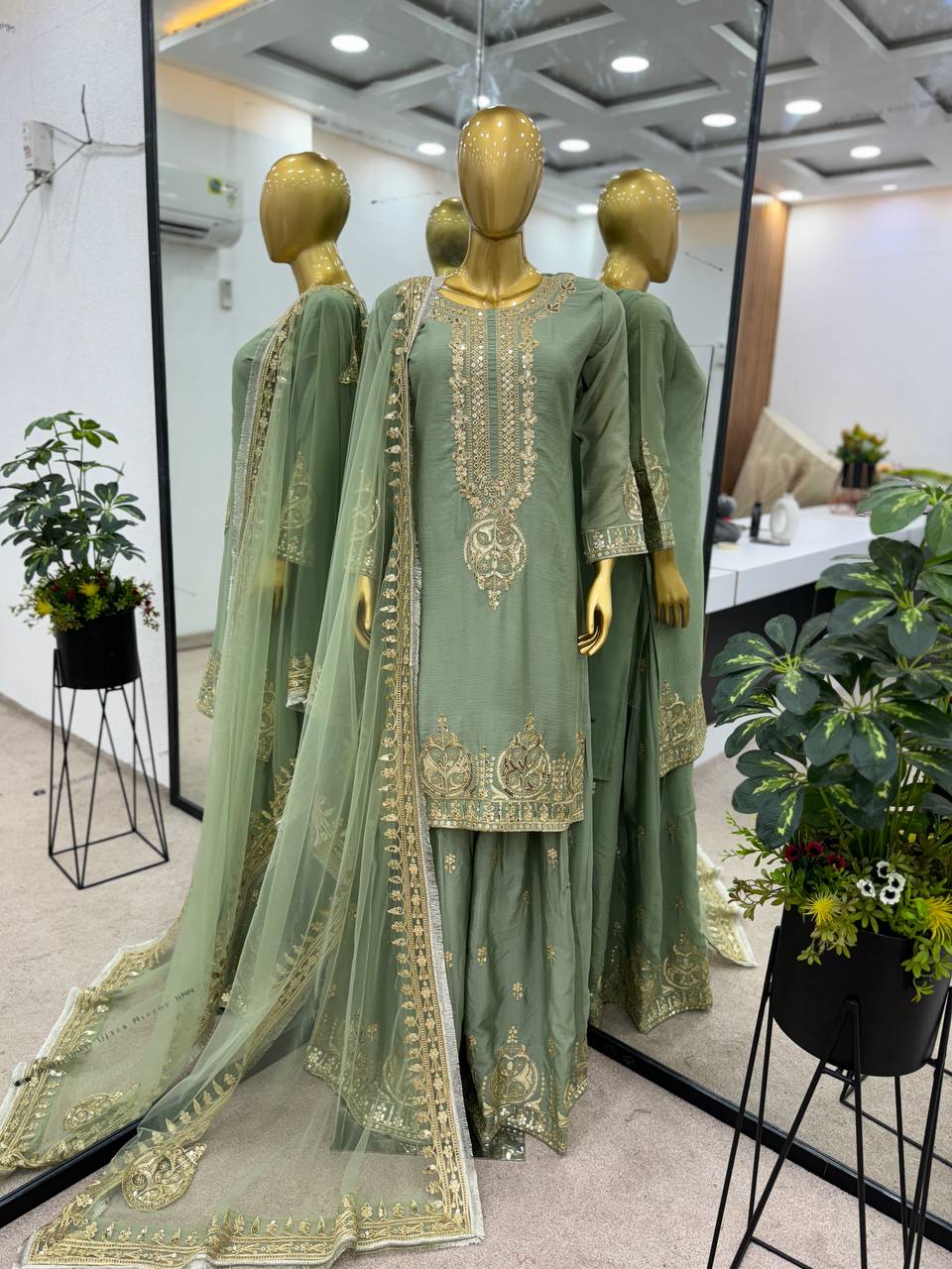 New Collection Heavy Chinon Silk Top-Bottom And Dupatta Set Fully Stitched Ready To Wear