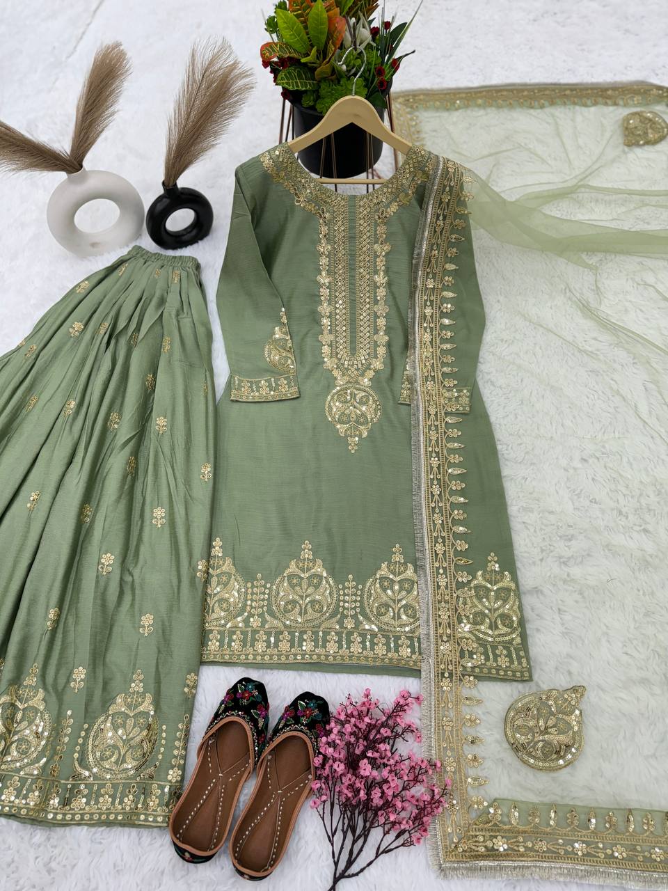 New Collection Heavy Chinon Silk Top-Bottom And Dupatta Set Fully Stitched Ready To Wear