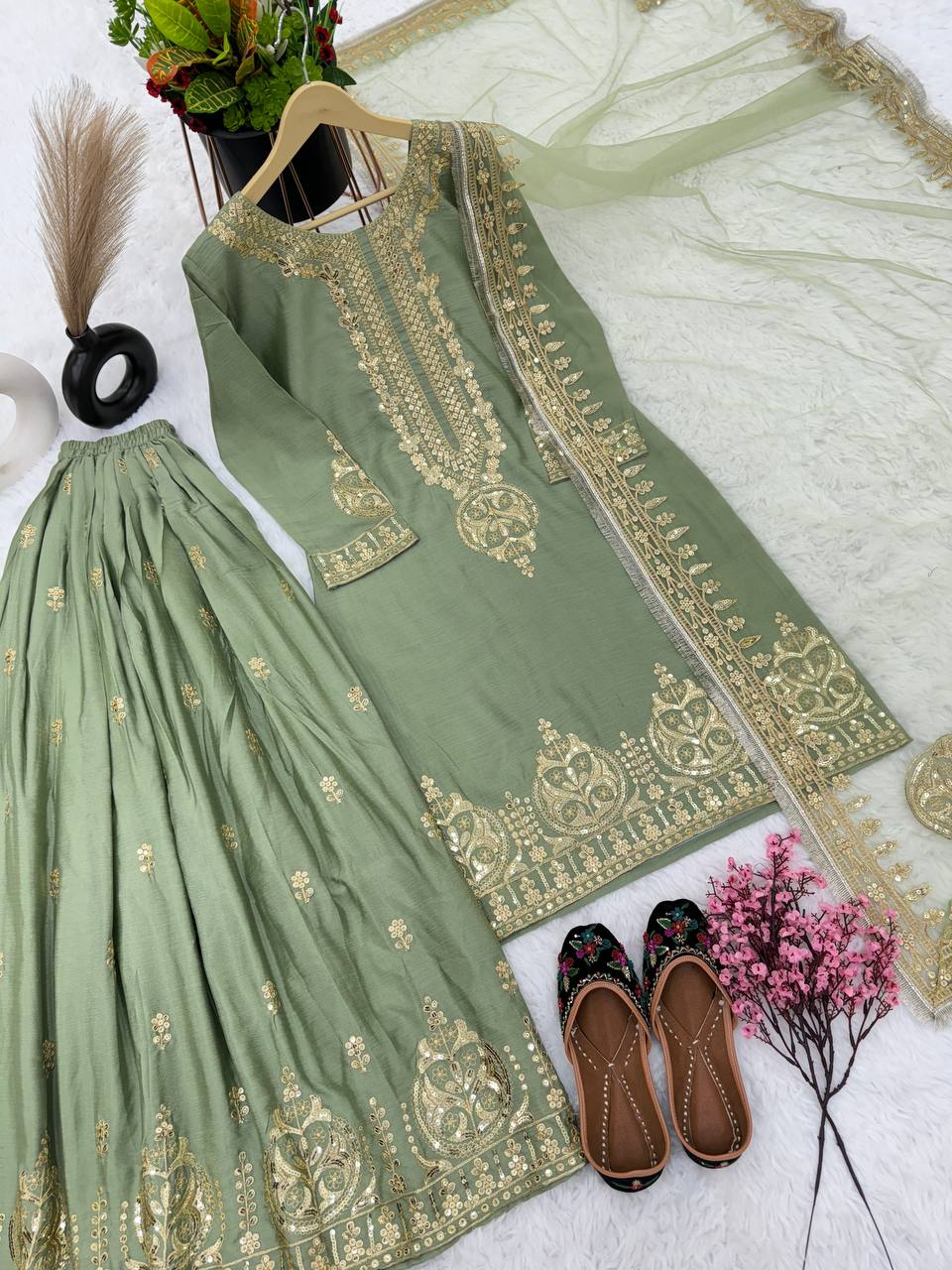 New Collection Heavy Chinon Silk Top-Bottom And Dupatta Set Fully Stitched Ready To Wear