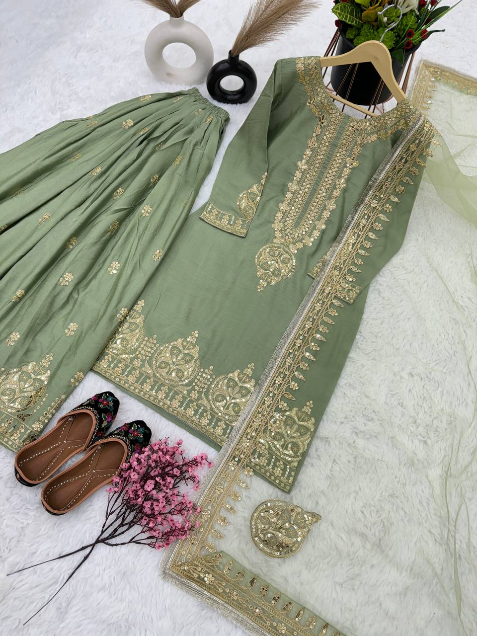 New Collection Heavy Chinon Silk Top-Bottom And Dupatta Set Fully Stitched Ready To Wear