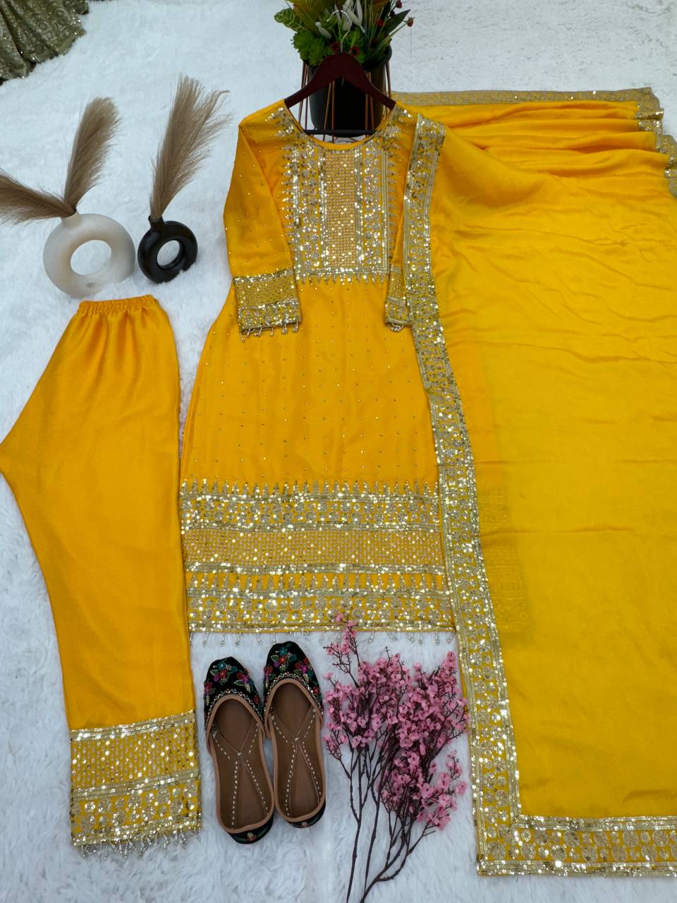 New Collection Heavy Chinon Silk Top-Bottom And Dupatta Set Fully Stitched Ready To Wear